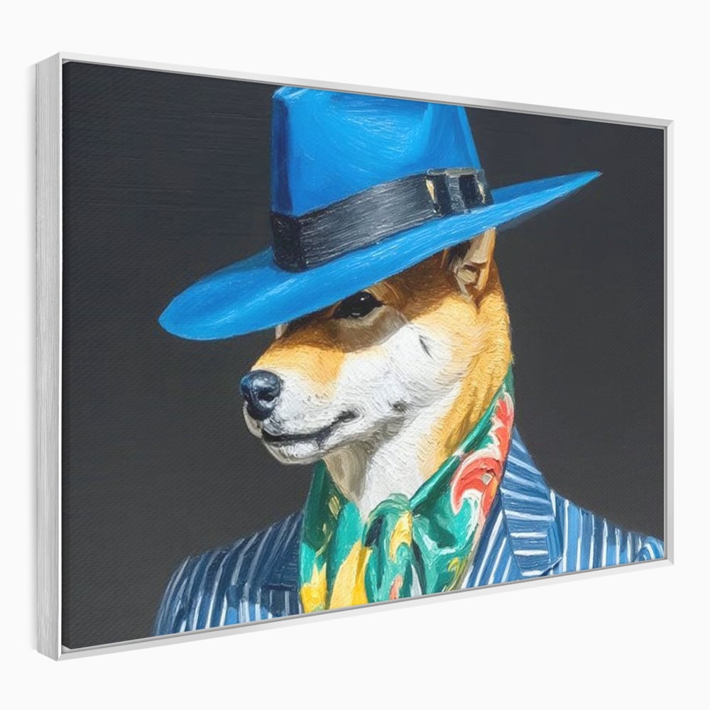 Tablou canvas cu pictura cu caine in costum si palarie, in rama de aluminiu argintiu